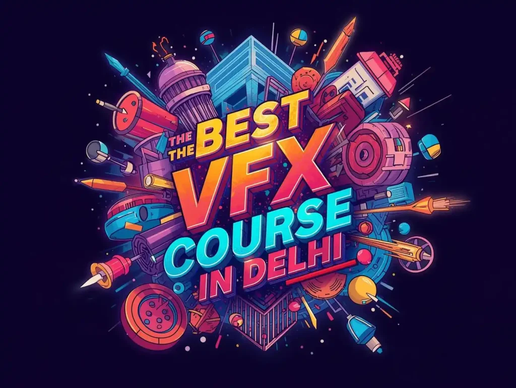 “Colorful graphic illustration promoting the best VFX course in Delhi, featuring vibrant digital art elements like cameras, tools, and futuristic design components.”
